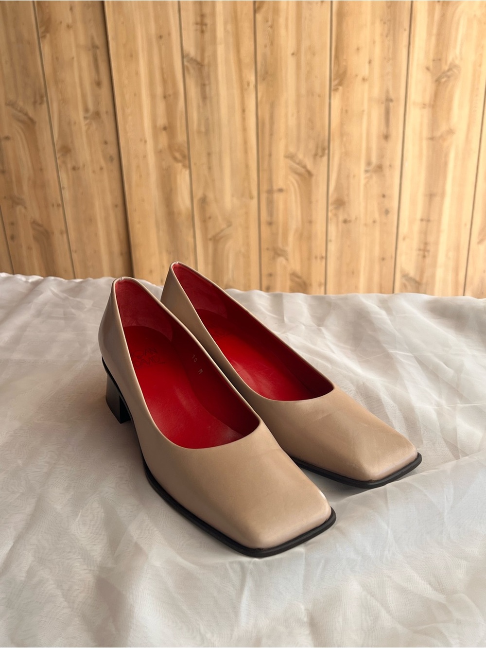 Joan & David Beige Square Toe Block Heel Pumps with Red Insole